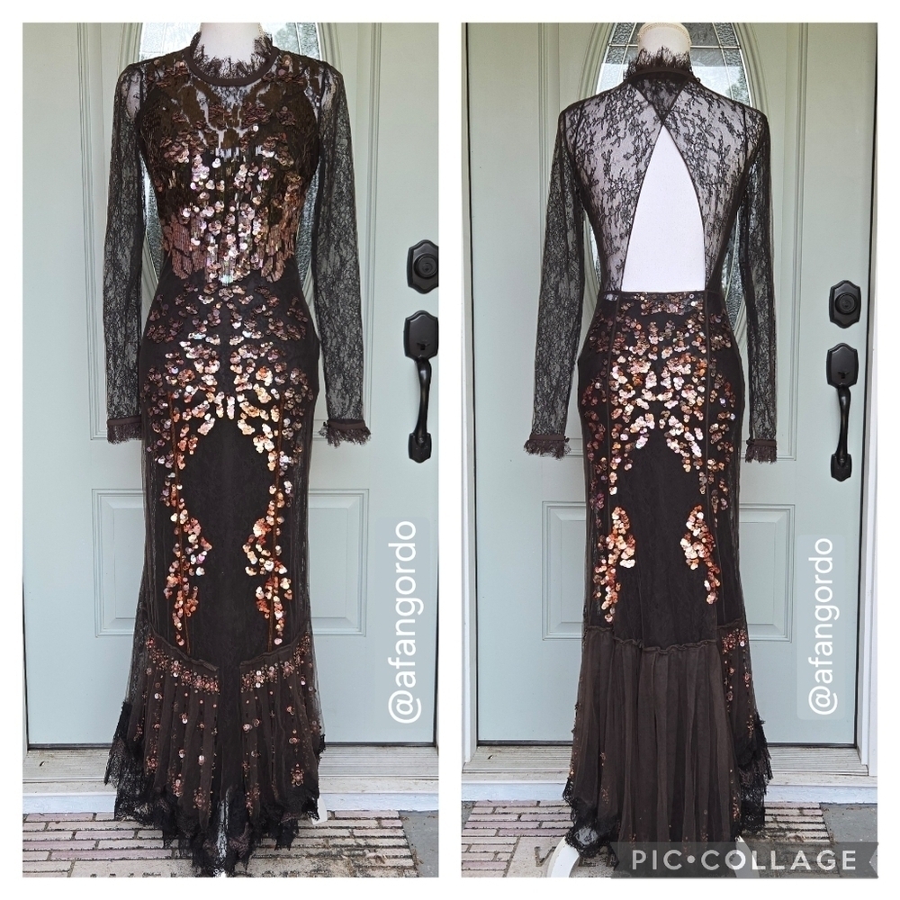 Roberto Cavalli Brown Lace Sequin Evening Dress